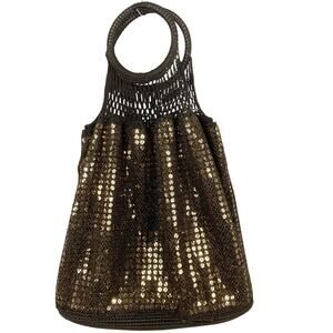 Gap Sequin Shoulder Bag Gold Brown Mesh Knit Circle Handles Retro Boho Y2K Bling